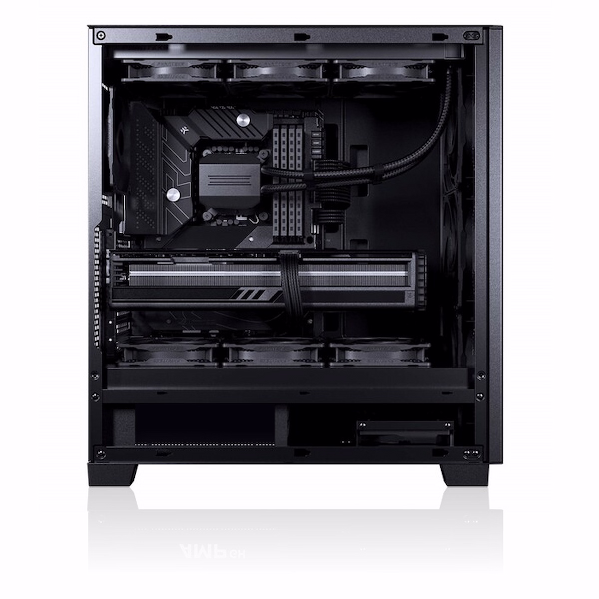 Wnętrze komputera SILENT z kartą graficzną i systemem chłodzenia